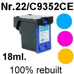 Drucker-Patrone rebuilt HP (NO.22XL/C9352CE) Color HP PSC-1400/1402/1410/1415, HP DeskJet-3910/3915/3920/3940/3950, HP OfficeJet-1410/4300/4314/4315/4352/4355/4359/4625/4712/J3600/J3606/J3625/J3635/J3640/J3680, HP Fax-1250/3180 Drucker-Patrone rebuilt HP (NO.22XL/C9352CE) Color HP PSC-1400/1402/1410/1415, HP DeskJet-3910/3915/3920/3940/3950, HP OfficeJet-1410/4300/4314/4315/4352/4355/4359/4625/4712/J3600/J3606/J3625/J3635/J3640/J3680, HP Fax-1250/3180