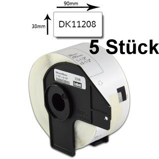 5 x Adressetiketten kompatibel Brother (DK-11208), 38mm x 90mm, 400 Etiketten/Rolle, schwarz auf weiss, permanent