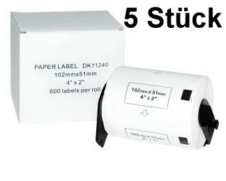 5 x Etiketten kompatible Brother (DK-11240), 51mm x 102mm, 600 Etiketten/Rolle, weiss, permanent