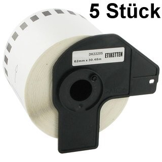 5 x Etiketten kompatible Brother (DK-22205), 62mm x 30,48m, 1 Rolle - 30,48 Meter, weiss, permanent