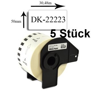 5 x Etiketten kompatible Brother (DK-22223), 50mm x 30,48m, 1 Rolle - 30,48 Meter, weiss, permanent
