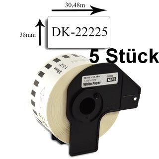5 x Etiketten kompatible Brother (DK-22225), 38mm x 30,48m, 1 Rolle - 30,48 Meter, weiss, permanent