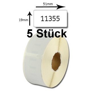 5 x Etiketten kompatible Dymo 11355, 19mm x 51mm, 500 Etiketten/Rolle, weiss, permanent