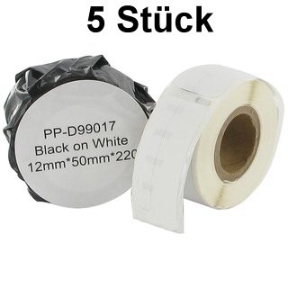 5 x Etiketten kompatible Dymo (99017) 12mm x 50mm, 220 Etiketten/Rolle, weiss, permanent