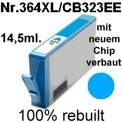 Drucker-Patrone kompatibel HP (Nr.364XL/CB323EE) Cyan mit Chip HP Photosmart-5510/5514/5515/6510/7510/B010/B109/B210/B410/C309/C310/C410/C5300/C5324/C5370/C5380/C5390/C6300/C6324/C6380/D5445/D5460/D7500/D7560, HP DeskJet-3070A/3070Series/D5445/D5460